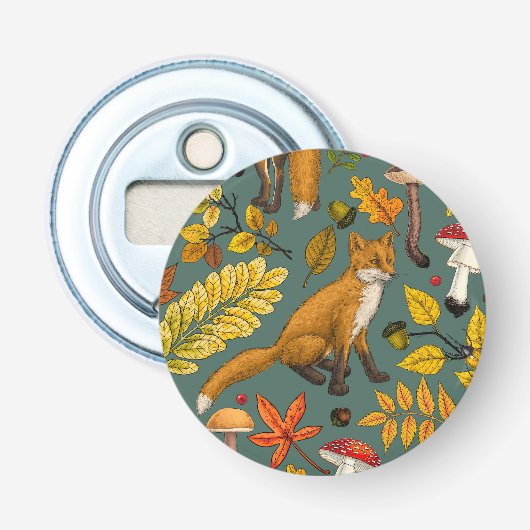 Herfst vossen op pijnboomgroen button flesopener (Voorkant)