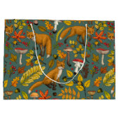 Herfst vossen op pijnboomgroen groot cadeauzakje (Achterkant)