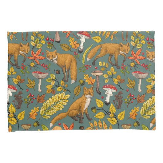 Herfst vossen op pijnboomgroen kussensloop (Voorkant-Rechts)