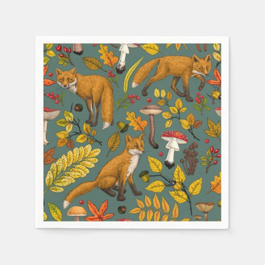 Herfst vossen op pijnboomgroen servet (Voorkant)