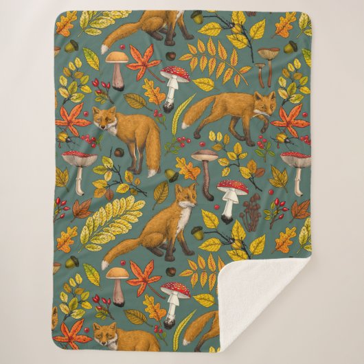 Herfst vossen op pijnboomgroen sherpa deken (Voorkant)