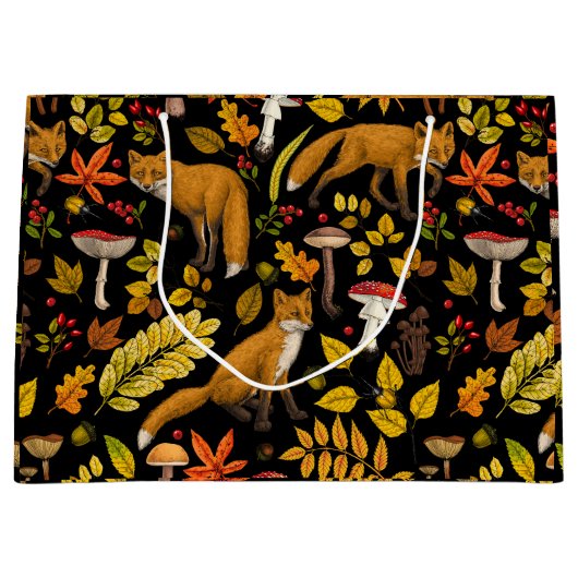 Herfst vossen op zwart groot cadeauzakje (Voorkant)