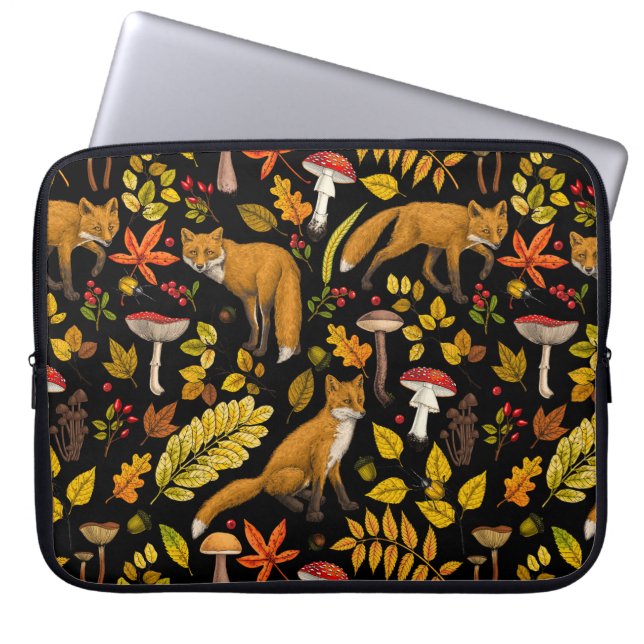 Herfst vossen op zwart laptop sleeve (Voorkant)