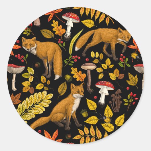 Herfst vossen op zwart ronde sticker (Voorkant)