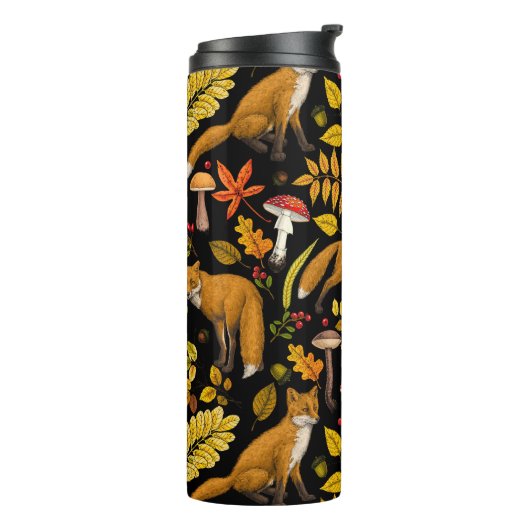 Herfst vossen op zwart thermosbeker (Gedraaid links)