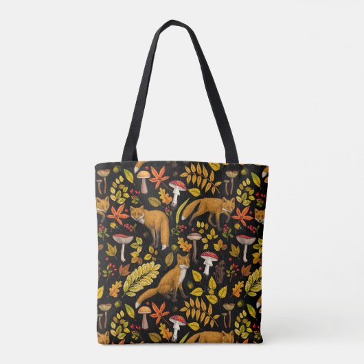 Herfst vossen op zwart tote bag (Achterkant)