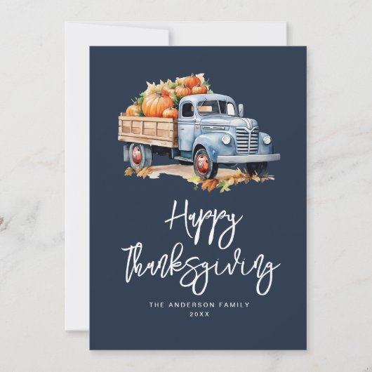 herfst vrachtwagen marine blauw gelukkig thanksgiv feestdagenkaart (Voorkant)