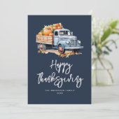 herfst vrachtwagen marine blauw gelukkig thanksgiv feestdagenkaart (Staand voorkant)