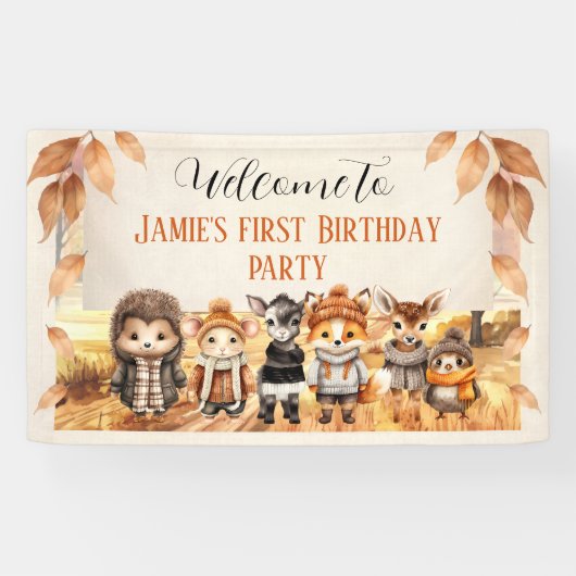 Herfst Vrienden Leuke Dieren 1e Verjaardag Welkom Spandoek (Horizontaal)