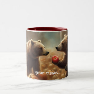 Herfst vrienden Whimsical Beren delen een appel  Tweekleurige Koffiemok