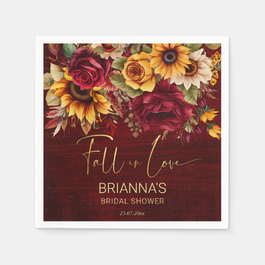 Herfst vrijgezellenfeest bordeaux rozen zonnebloem servet (Voorkant)
