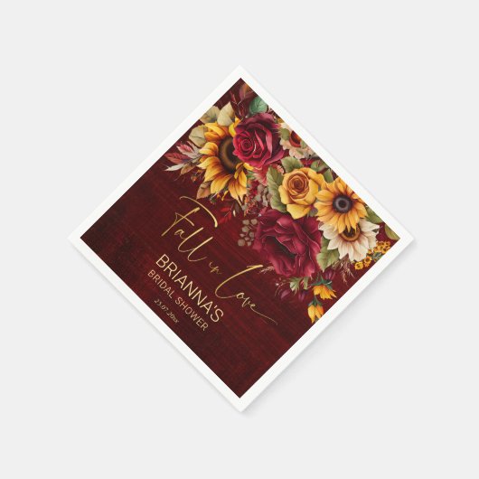 Herfst vrijgezellenfeest bordeaux rozen zonnebloem servet (Hoek)