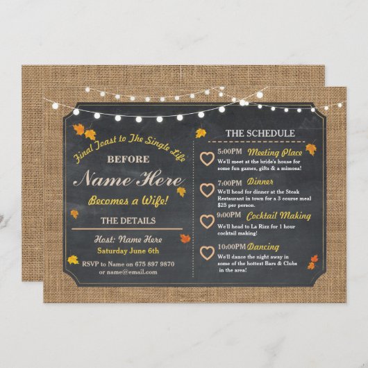 Herfst Vrijgezellenfeest Chalk Itinerary Bachelore Programmakaart (Voorkant / Achterkant)