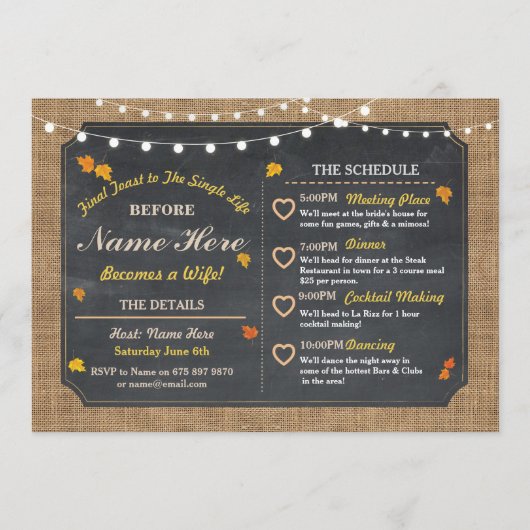 Herfst Vrijgezellenfeest Chalk Itinerary Bachelore Programmakaart (Voorkant)