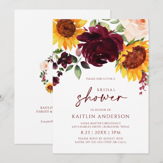 Herfst Vrijgezellenfeest Zonnebloem Rozen Burgundy Kaart (Voorkant / Achterkant)