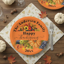 Herfst Vruchten Bloemen En Loof Gelukkig Thanksgiv Papieren Bordje