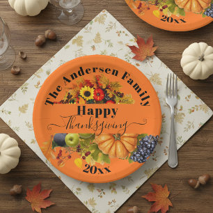Herfst Vruchten Bloemen En Loof Gelukkig Thanksgiv Papieren Bordje