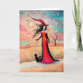 Herfst Wandeling Heks Kat Halloween Kunst Kaart (Voorkant)