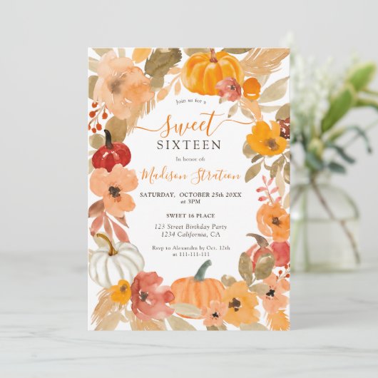 Herfst Warme Boho pompoen floral Sweet 16 jaar Kaart (Staand voorkant)