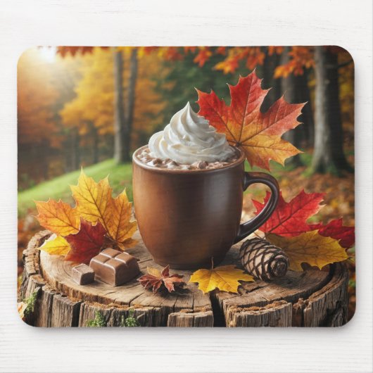 Herfst warme chocolademelk op boomstronk muismat (Voorkant)