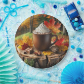 Herfst warme chocolademelk op boomstronk papieren bordje (Feest)