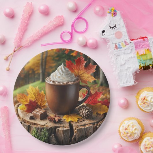 Herfst warme chocolademelk op boomstronk papieren bordje (Feest)
