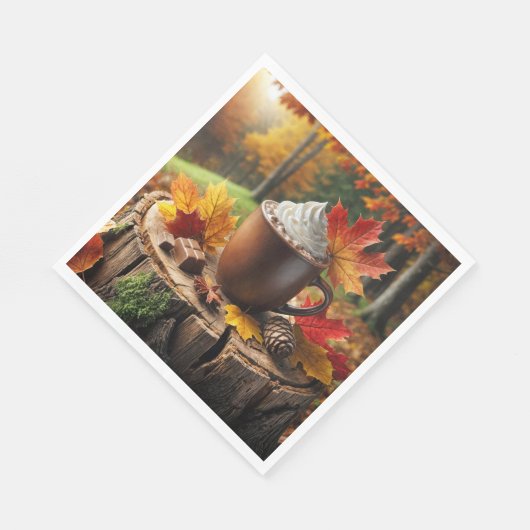 Herfst warme chocolademelk op boomstronk servet (Hoek)