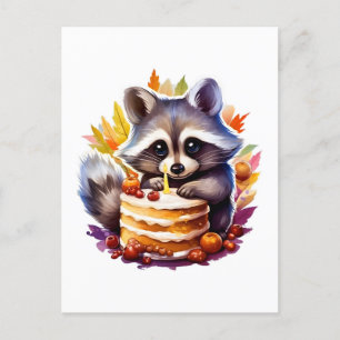 Herfst wasbeer met een 1e verjaardagstaart briefkaart