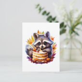 Herfst wasbeer met een 1e verjaardagstaart briefkaart (Staand voorkant)