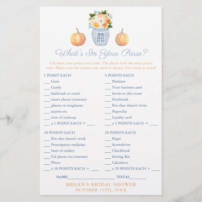 Herfst Wat zit er in je tas Vrijgezellenfeest spel (Voorkant)