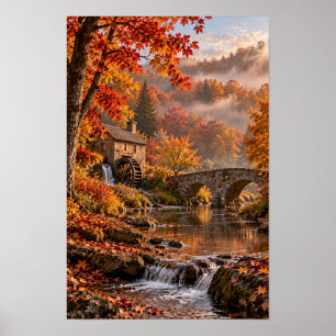 Herfst Watermolen Stenen Brug Kreek Muurkunst Poster