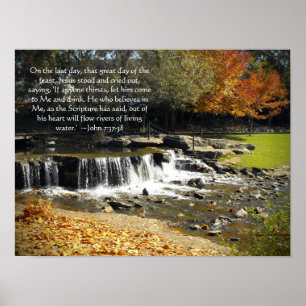 Herfst Waterval Scene Johannes 7:37 Bijbelvers Poster