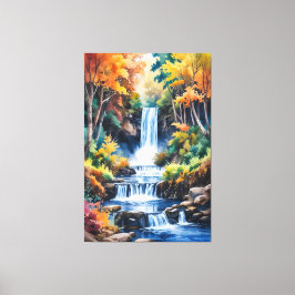 Herfst Waterval Sereniteit - Aquarel Landschap Canvas Afdruk