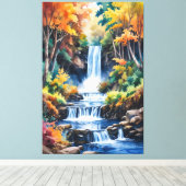 Herfst Waterval Sereniteit - Aquarel Landschap Canvas Afdruk (Insitu (Houten vloer))