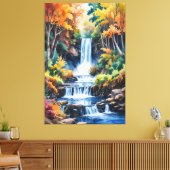Herfst Waterval Sereniteit - Aquarel Landschap Canvas Afdruk (Insitu (Woonkamer))