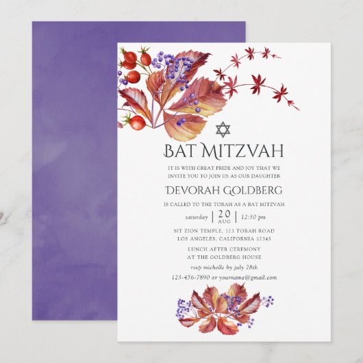 Herfst - Waterverf Bladeren Bat Mitzvah Kaart (Voorkant / Achterkant)