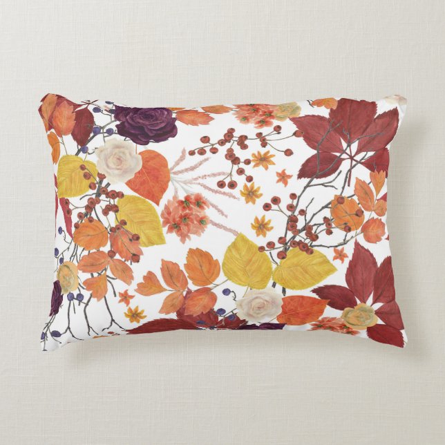 Herfst Waterverf Bladeren en Rozen Accent Kussen (Voorkant)