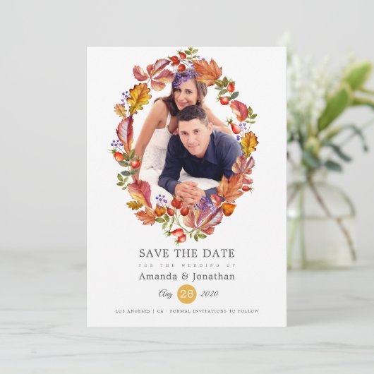 Herfst - Waterverf Bladeren Foto Bruiloft Save The Date (Staand voorkant)