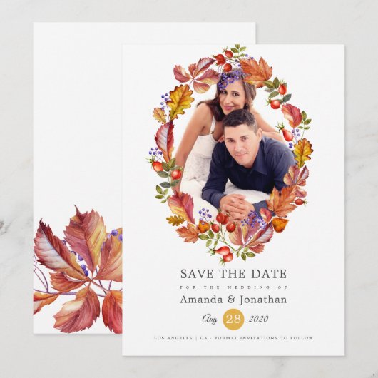 Herfst - Waterverf Bladeren Foto Bruiloft Save The Date (Voorkant / Achterkant)