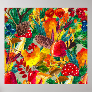 Herfst Waterverf bladeren paddenstoelen patroon Poster
