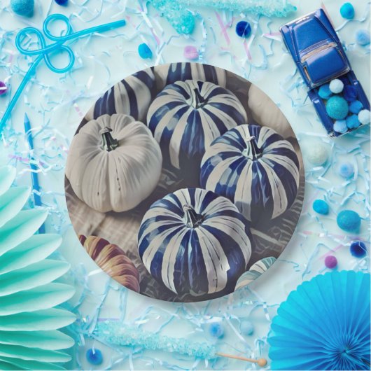 Herfst Waterverf Blauw en Wit Pompoen Ontwerp Papieren Bordje (Feest)