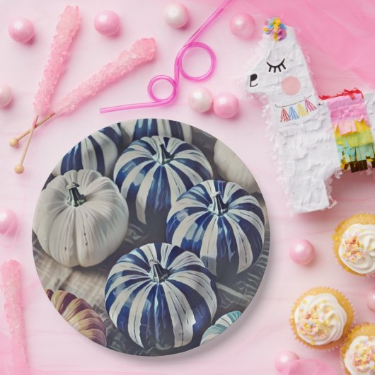 Herfst Waterverf Blauw en Wit Pompoen Ontwerp Papieren Bordje (Feest)