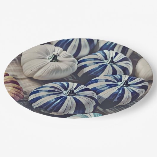 Herfst Waterverf Blauw en Wit Pompoen Ontwerp Papieren Bordje (Gekanteld)