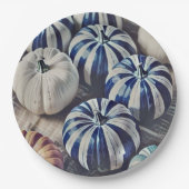 Herfst Waterverf Blauw en Wit Pompoen Ontwerp Papieren Bordje (Voorkant)