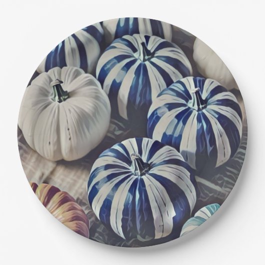 Herfst Waterverf Blauw en Wit Pompoen Ontwerp Papieren Bordje (Voorkant)