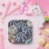 Herfst Waterverf Blauw en Wit Pompoen Vierkant Papieren Bordje (Feest)