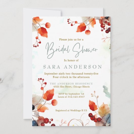 Herfst Waterverf Bloemen Bruids Douche Uitnodiging (Voorkant)
