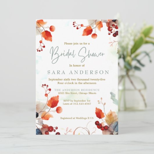 Herfst Waterverf Bloemen Bruids Douche Uitnodiging (Staand voorkant)