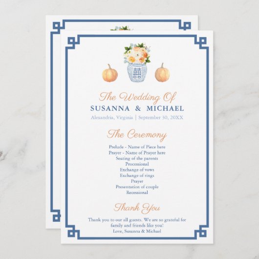 Herfst Waterverf Bloemen en pompoenen bruiloft Programmakaart (Voorkant / Achterkant)