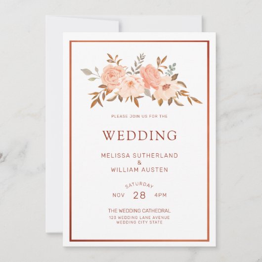 Herfst Waterverf Bloemen Koper Bruiloft Kaart (Voorkant)